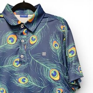 Hreski Polo Shirt Mens Medium Peacock Feather All Over Print Golf Performance